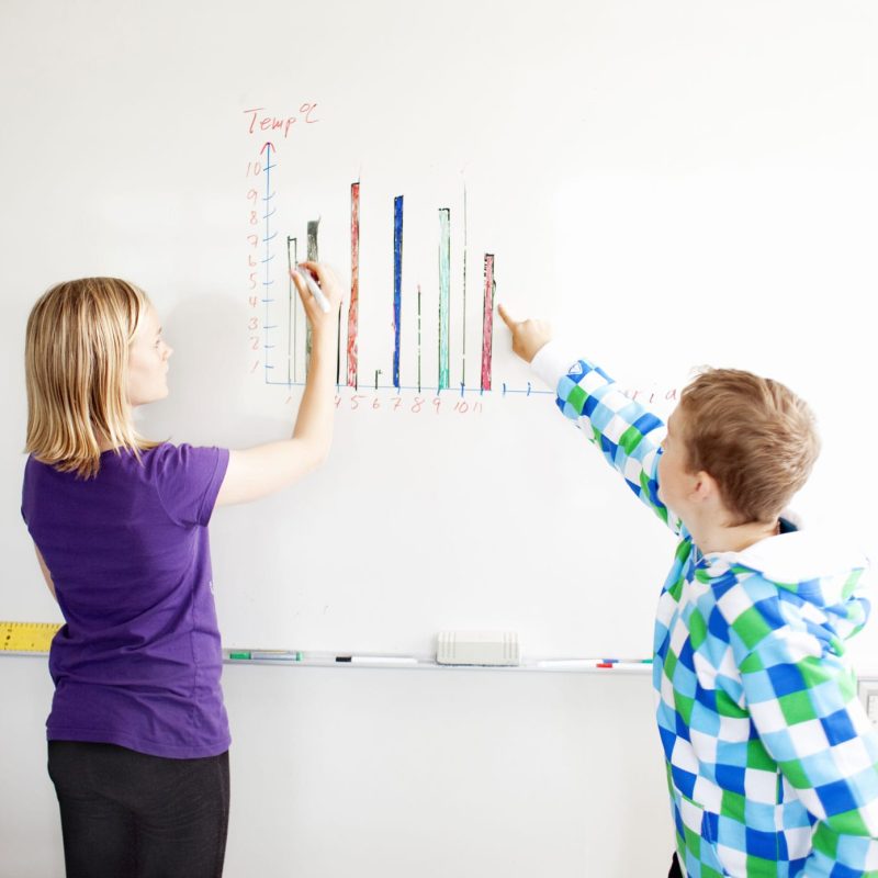 Boy and girl drawing chart on whiteboard in classroom